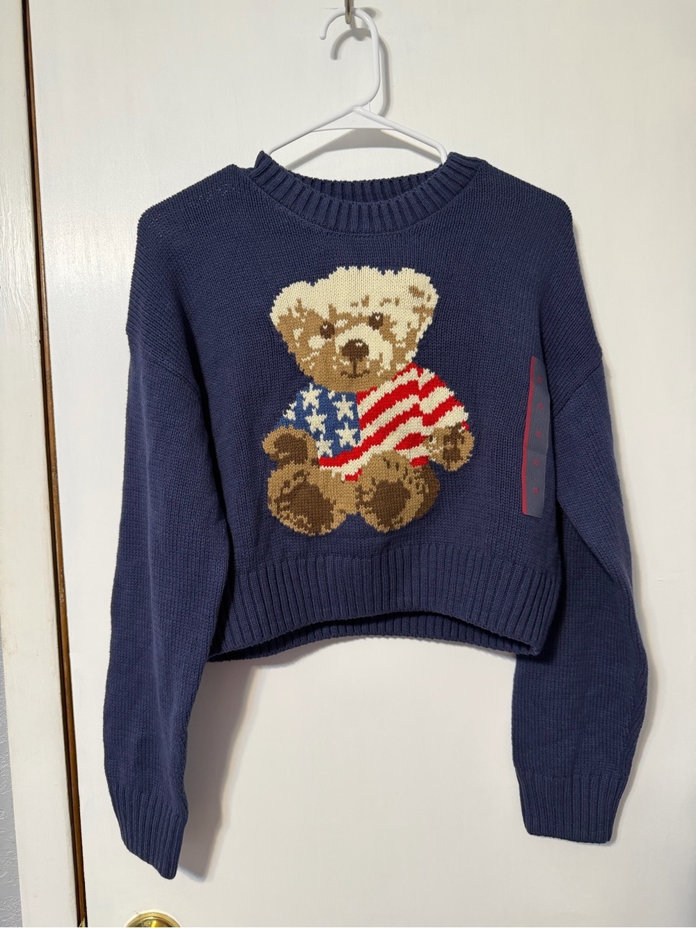 Grayson Threads Navy Knit Teddy Bear Sweater with Red, White, Blue Accents